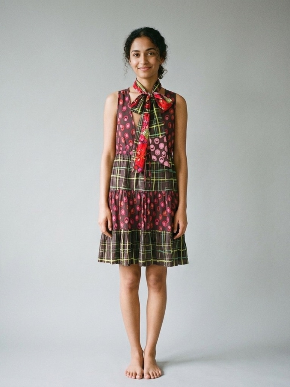 Sandwich_ Pattern Cotton Tiered Deep V Dress & Scarf